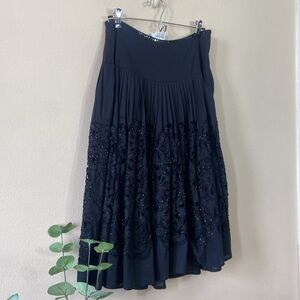 Christopher Fisher Black Beaded Midi Skirt Women's 10 Sequins Boho Eyelet Lace
